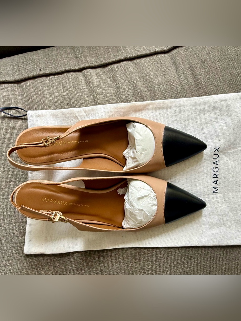 Margaux Collette kitten heel slingbacks in Dune and Black Nappa — brand new